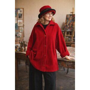 FH Fat Hat Clothing Co Womens Cocoon Coat Sz XL Red Fleece Lagenlook USA Made